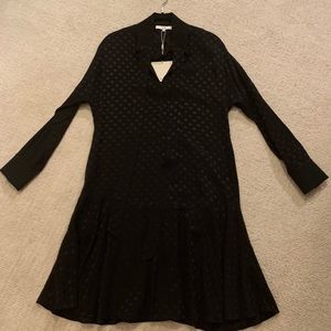 Tibi Black Long Sleeve Mini/Midi Dress with Flared Hem and Neck Tie in XS